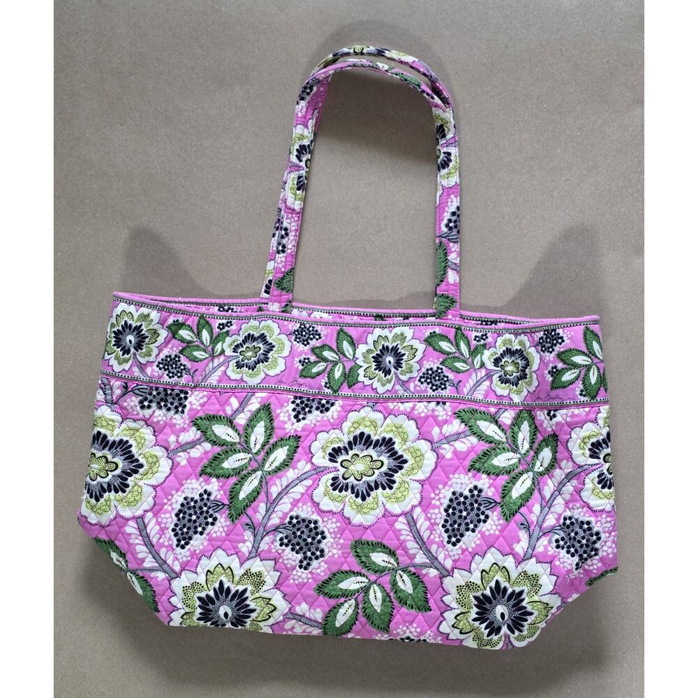 Vera Bradley East West Tote Bag in Priscilla Pink Floral Black White Green Big